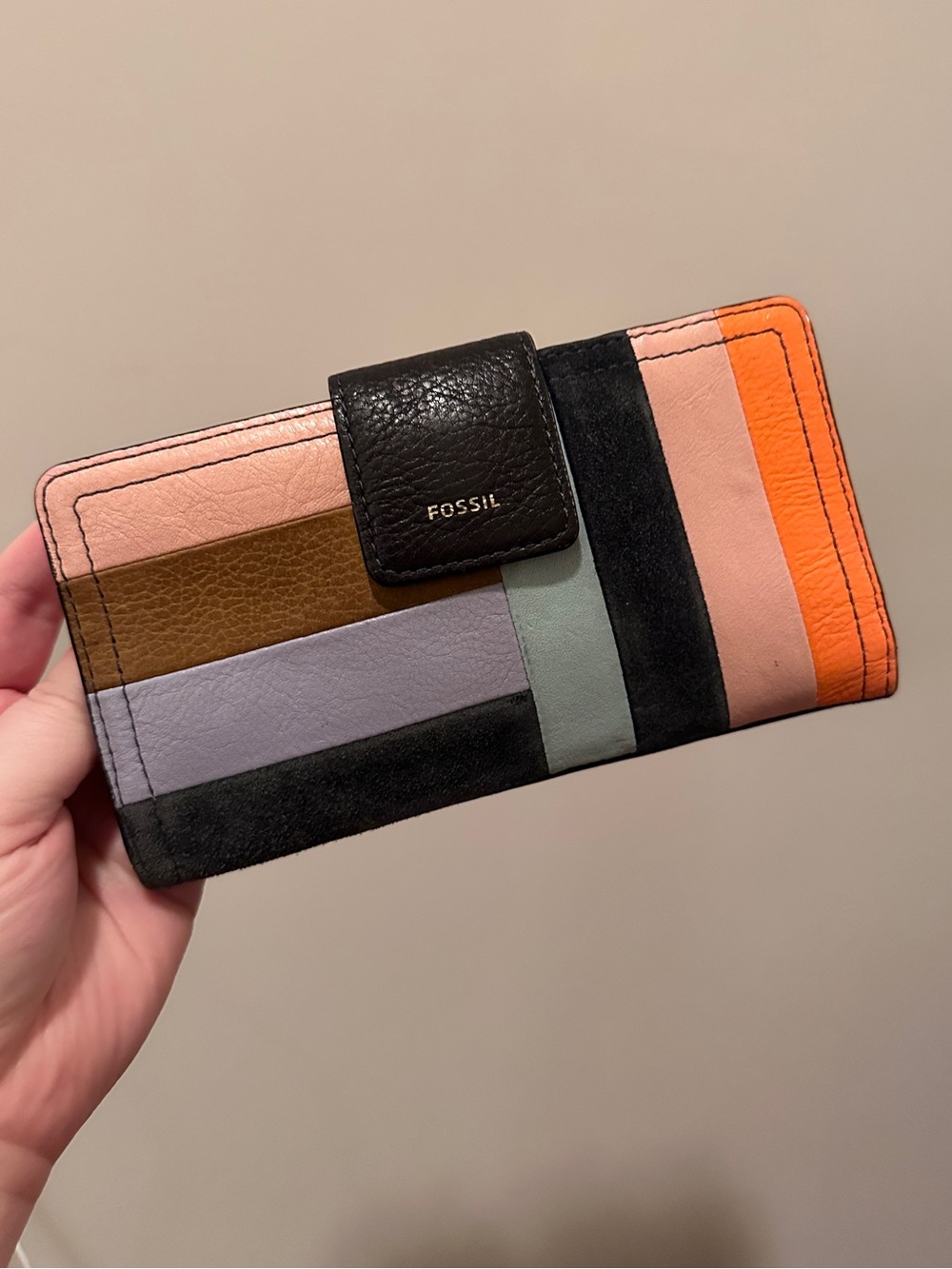 Fossil Leather Colorblock Stripe Wallet in Black, Pink, Orange, Brown, Gray